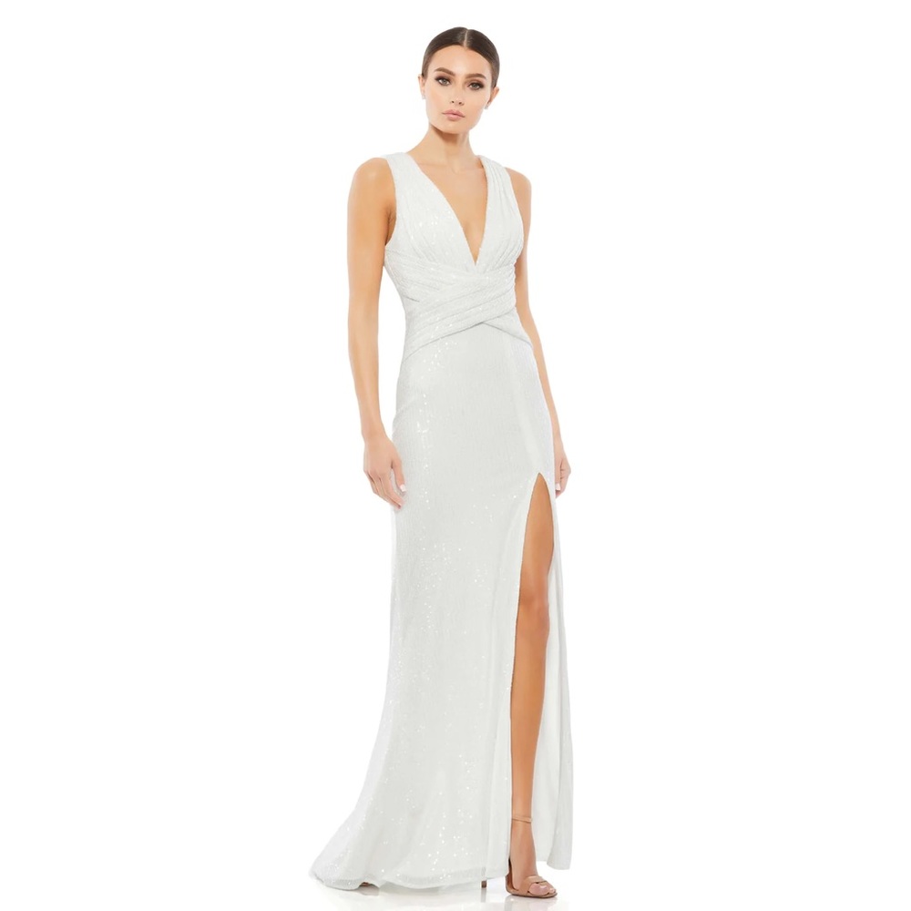 Mac Duggal 26598 White‎ Faux Wrap V Neck Gown Sleeveless NWT